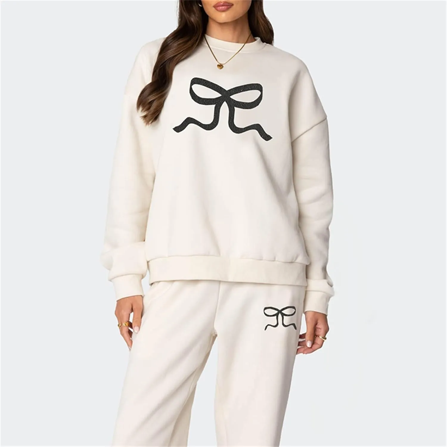 2 Piece Lounge Sets for Women Fall Sweatsuits Bow Print Long Sleeve Crew Neck Wide Leg Sweatpants Matching Tracksuit