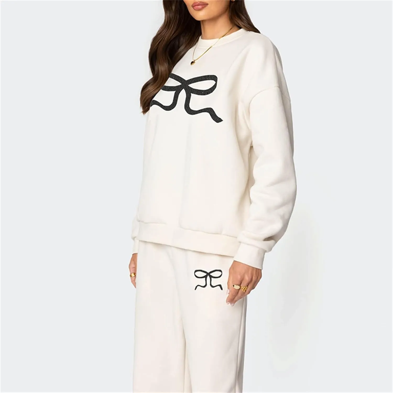 2 Piece Lounge Sets for Women Fall Sweatsuits Bow Print Long Sleeve Crew Neck Wide Leg Sweatpants Matching Tracksuit