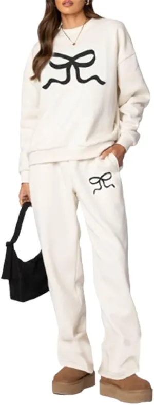 2 Piece Lounge Sets for Women Fall Sweatsuits Bow Print Long Sleeve Crew Neck Wide Leg Sweatpants Matching Tracksuit