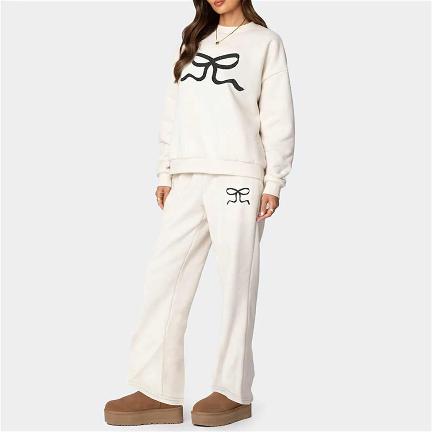 2 Piece Lounge Sets for Women Fall Sweatsuits Bow Print Long Sleeve Crew Neck Wide Leg Sweatpants Matching Tracksuit
