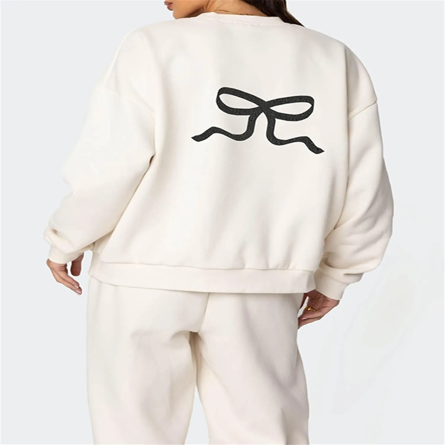 2 Piece Lounge Sets for Women Fall Sweatsuits Bow Print Long Sleeve Crew Neck Wide Leg Sweatpants Matching Tracksuit