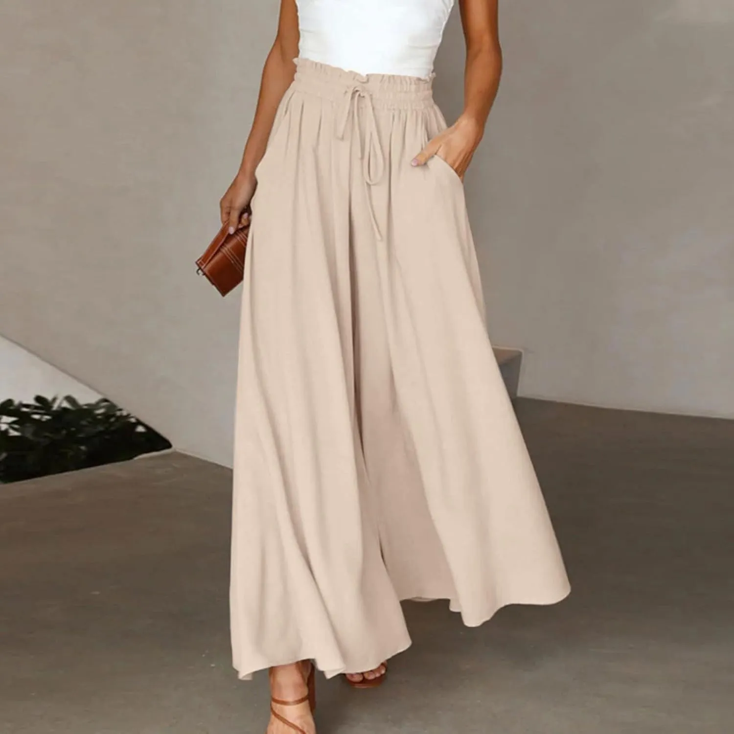 2024 High Waist Pants Solid Color Womens Spring Pleated Wide Leg Basic with Belt Daily Dressy Casual Trousers