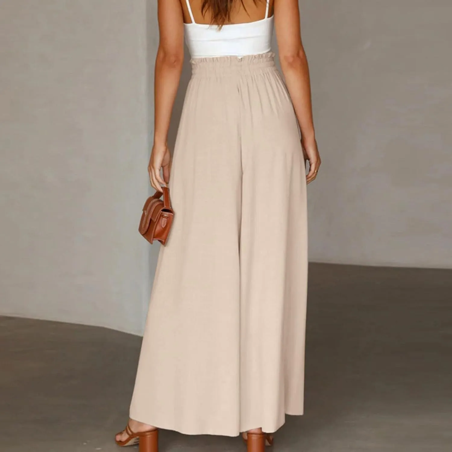2024 High Waist Pants Solid Color Womens Spring Pleated Wide Leg Basic with Belt Daily Dressy Casual Trousers