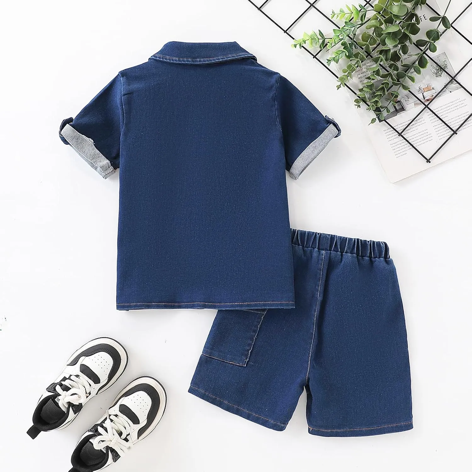 3-7T Toddler Boys Clothes Denim Outfit Set  Short Sleeve Button-Up Jean Jacket & Stretch Denim Shorts