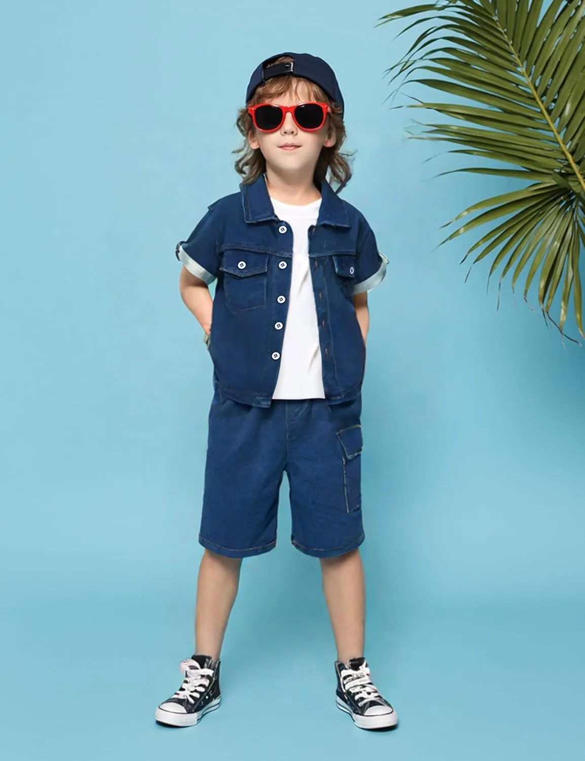 3-7T Toddler Boys Clothes Denim Outfit Set  Short Sleeve Button-Up Jean Jacket & Stretch Denim Shorts