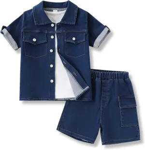 3-7T Toddler Boys Clothes Denim Outfit Set  Short Sleeve Button-Up Jean Jacket & Stretch Denim Shorts