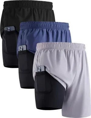 3 Pack: Men's 7" Running Shorts with Compression Liner Pockets, Athletic 2 in 1 Shorts for Workout Gym Quick Dry