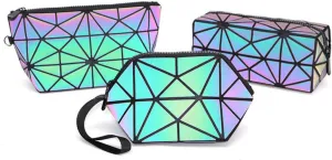 3 Pcs Makeup Bags Holographic Luminous Geometric Foldable Travel Cosmetic Toiletry Bag Organizer Pouch with Wrist Strap for Women Girls Gift