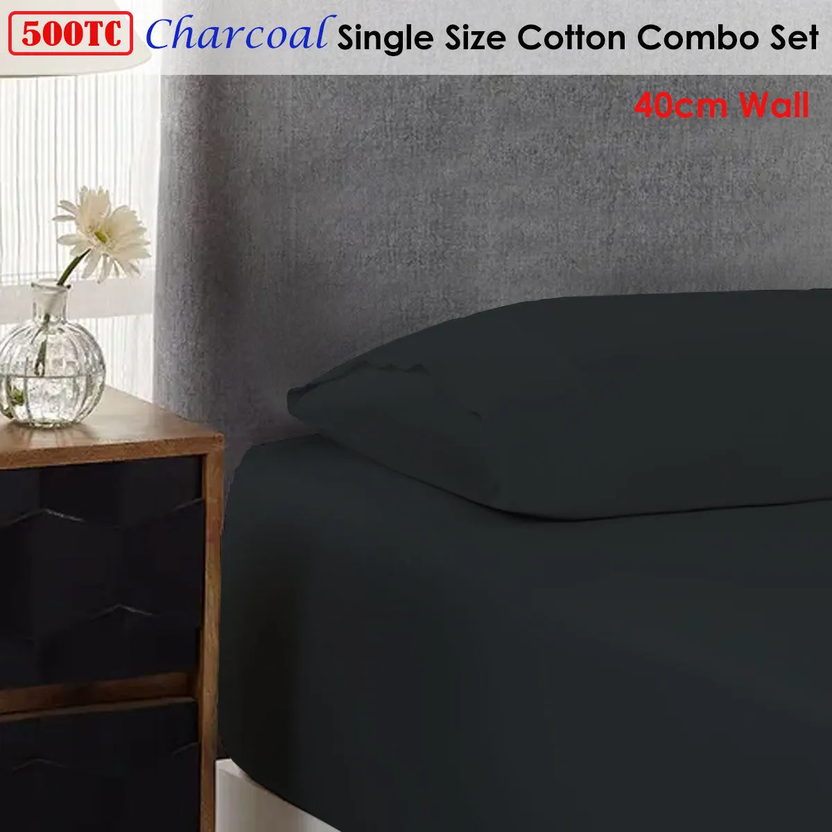 500TC Cotton Combo Set | Charcoal | Single | 40cm Wall