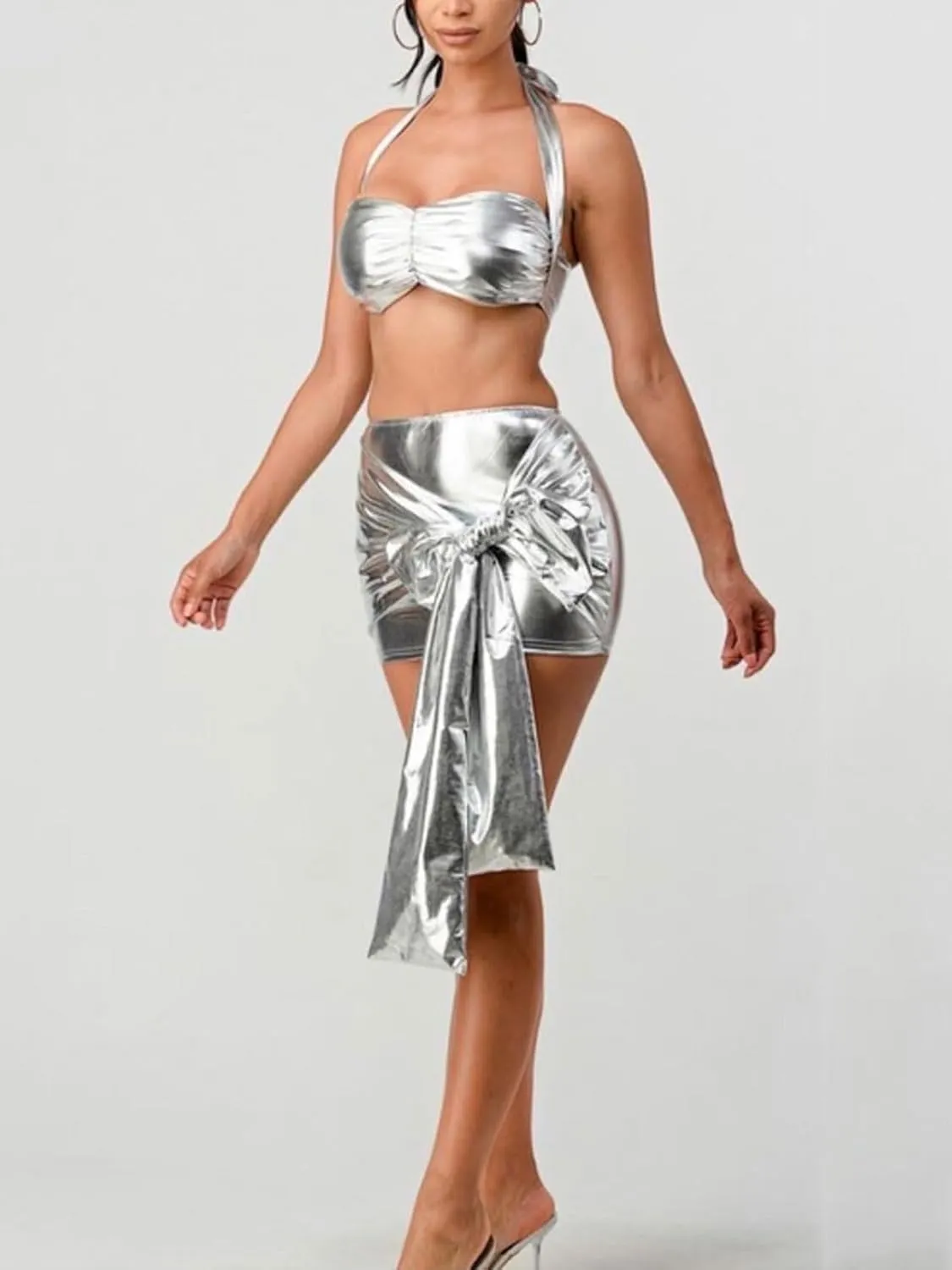 Akmipoem Rave Outfits for Women Festival Sexy Metallic Two Piece Sleeveless Halter Top and Bandage Mini Skirts Set