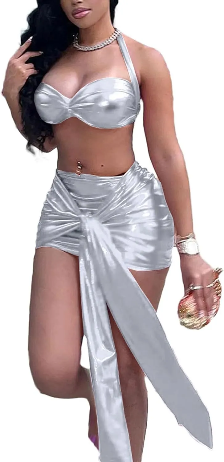 Akmipoem Rave Outfits for Women Festival Sexy Metallic Two Piece Sleeveless Halter Top and Bandage Mini Skirts Set