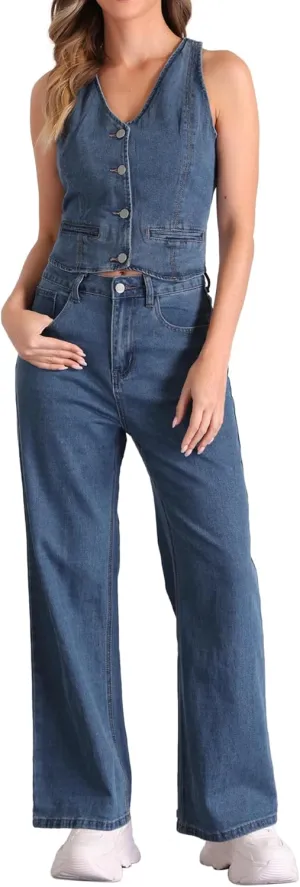 Allegra K 2 Piece Outfits Denim Set for Women's Sleeveless Button V Neck Denim Vest Waistcoat Wide Leg Jeans