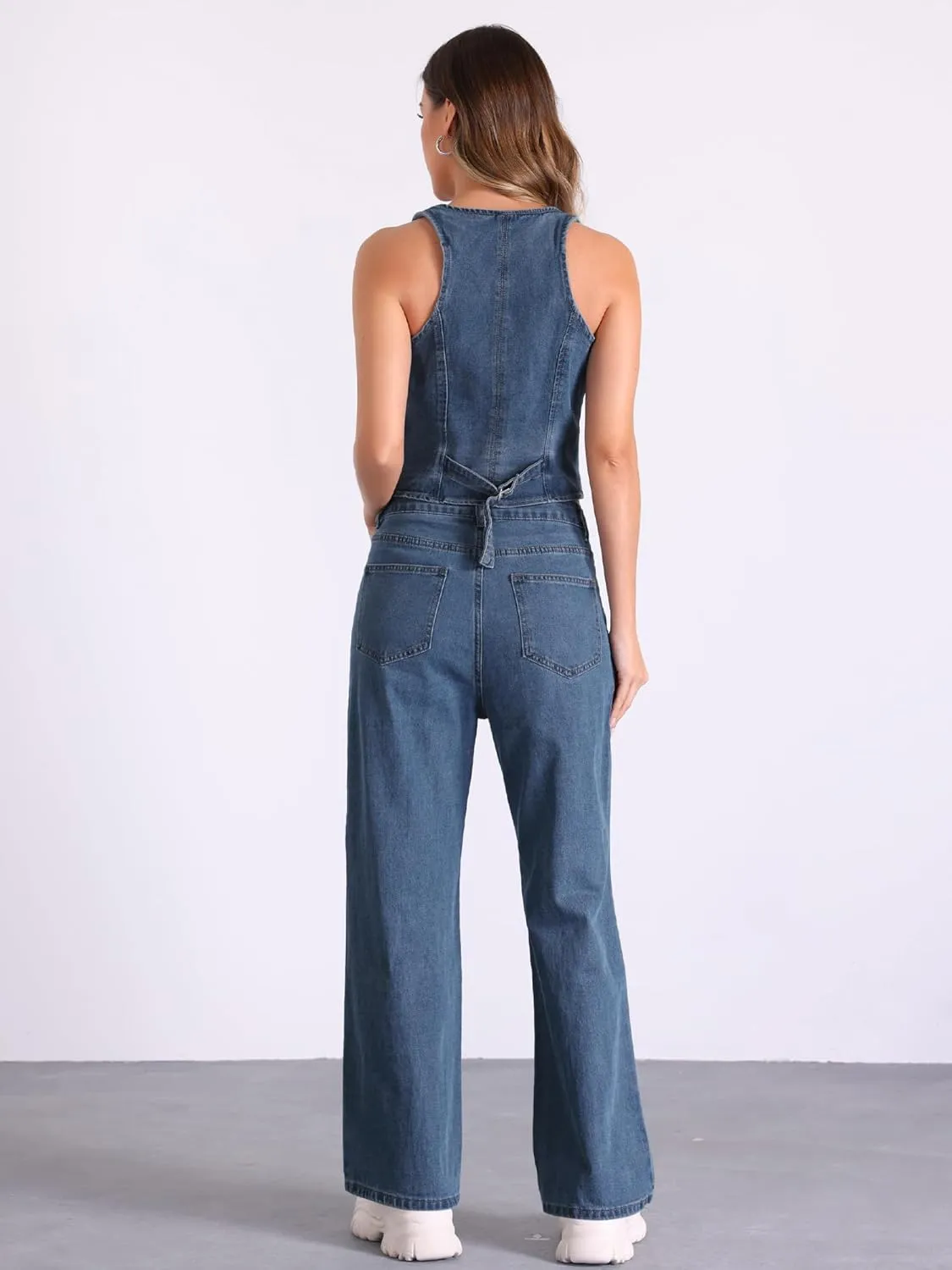Allegra K 2 Piece Outfits Denim Set for Women's Sleeveless Button V Neck Denim Vest Waistcoat Wide Leg Jeans