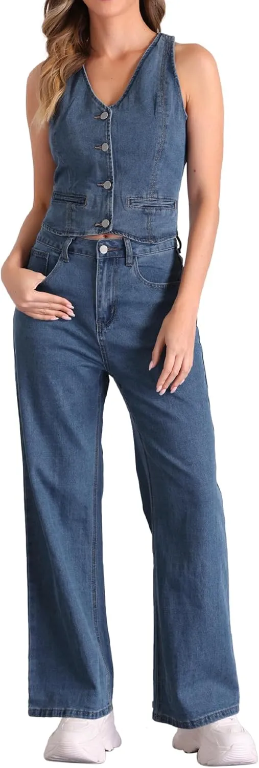 Allegra K 2 Piece Outfits Denim Set for Women's Sleeveless Button V Neck Denim Vest Waistcoat Wide Leg Jeans