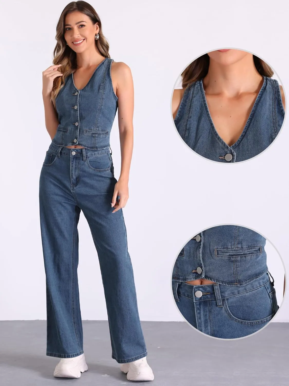 Allegra K 2 Piece Outfits Denim Set for Women's Sleeveless Button V Neck Denim Vest Waistcoat Wide Leg Jeans