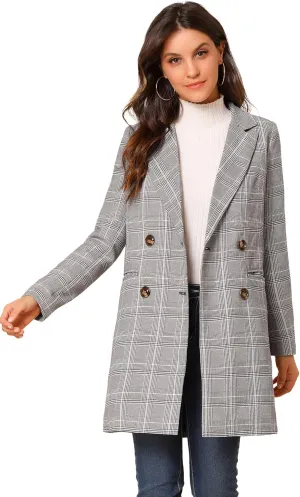 Allegra K Women's Double Breasted Notched Lapel Plaid Trench Blazer Coat