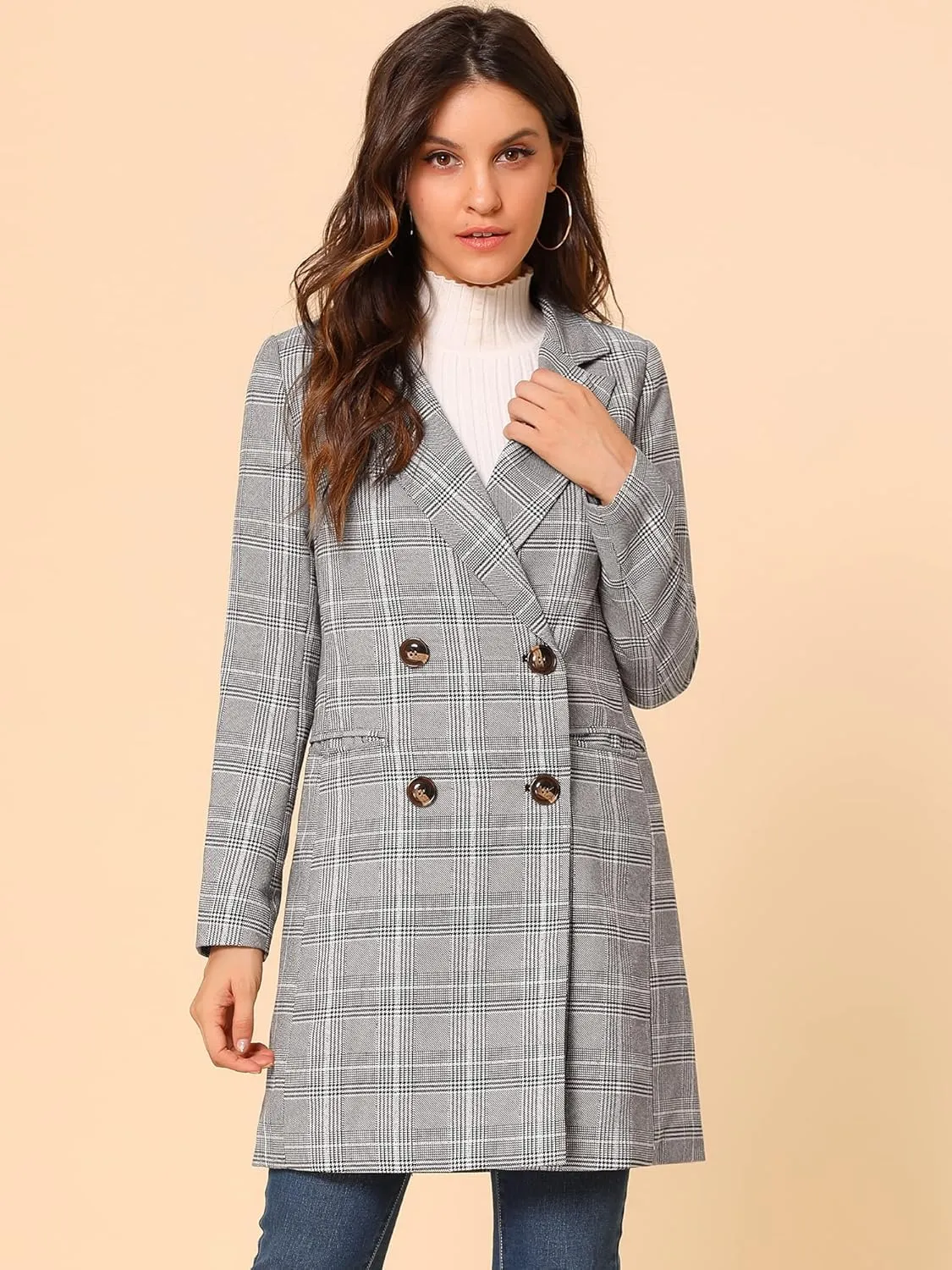 Allegra K Women's Double Breasted Notched Lapel Plaid Trench Blazer Coat