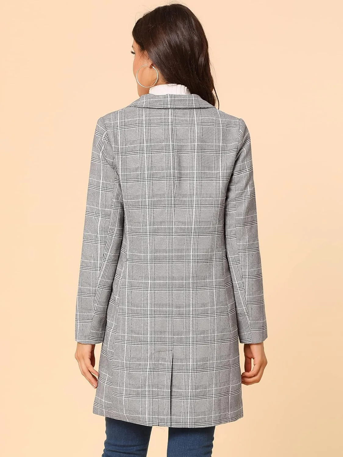 Allegra K Women's Double Breasted Notched Lapel Plaid Trench Blazer Coat