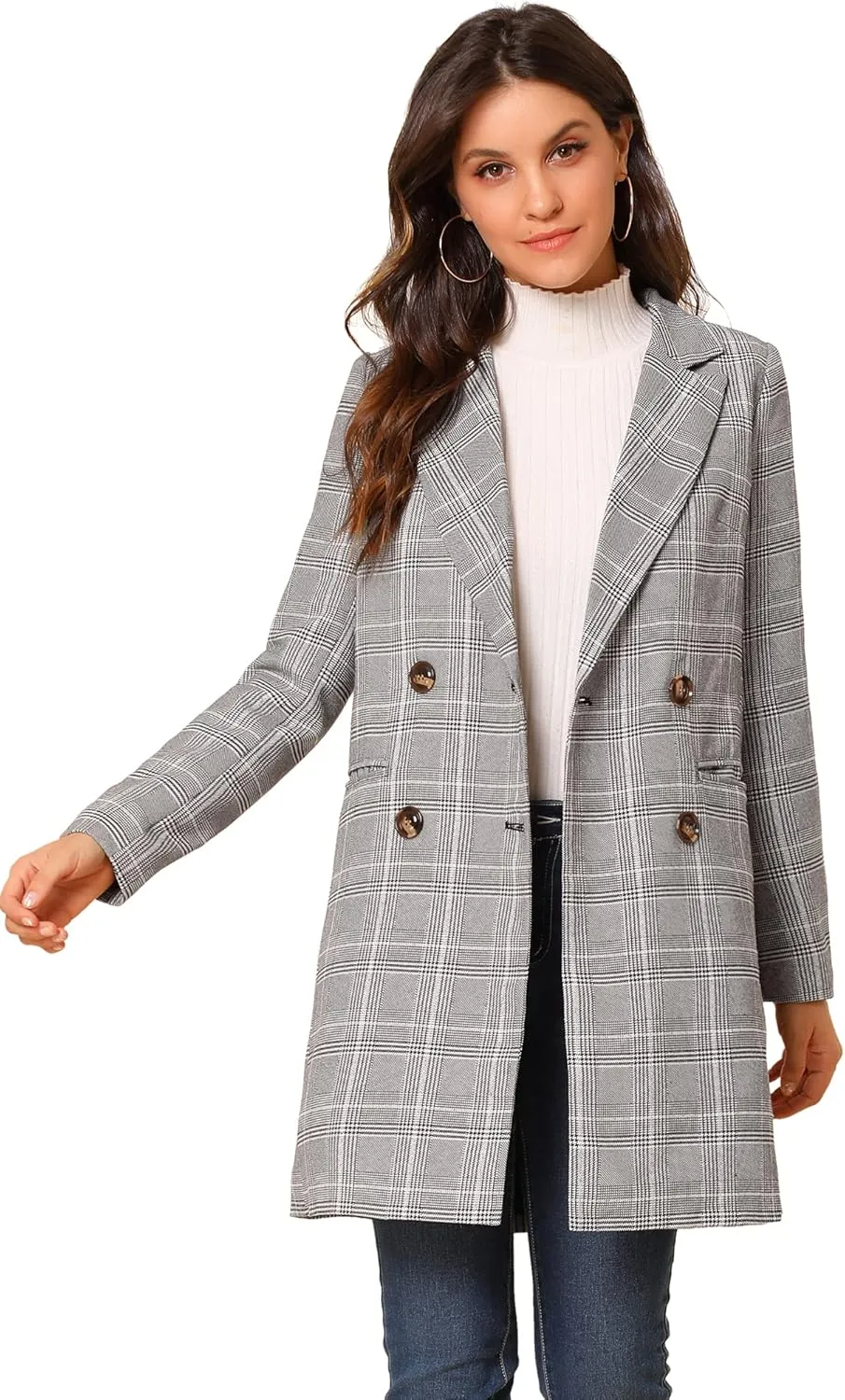 Allegra K Women's Double Breasted Notched Lapel Plaid Trench Blazer Coat