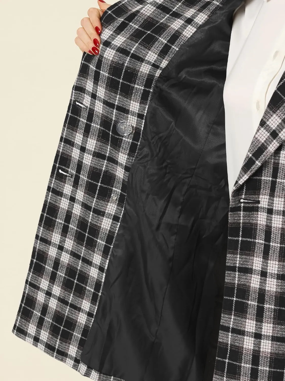 Allegra K Women's Double Breasted Notched Lapel Plaid Trench Blazer Coat