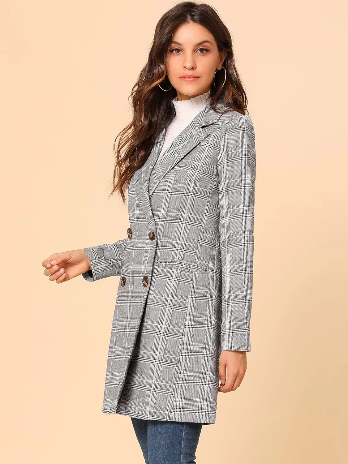 Allegra K Women's Double Breasted Notched Lapel Plaid Trench Blazer Coat