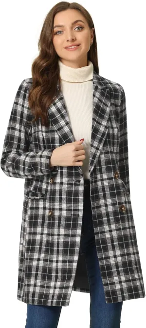 Allegra K Women's Double Breasted Notched Lapel Plaid Trench Blazer Coat