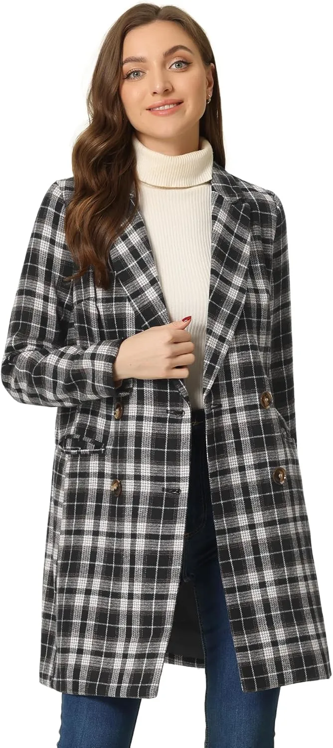 Allegra K Women's Double Breasted Notched Lapel Plaid Trench Blazer Coat