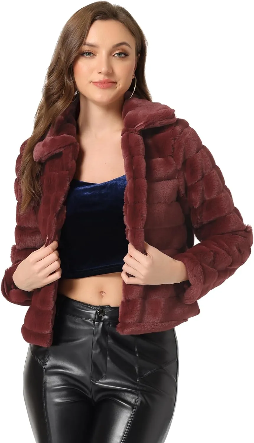 Allegra K Women's Faux Fur Fluffy Coat Collar 2024 Warm Winter Cropped Jacket