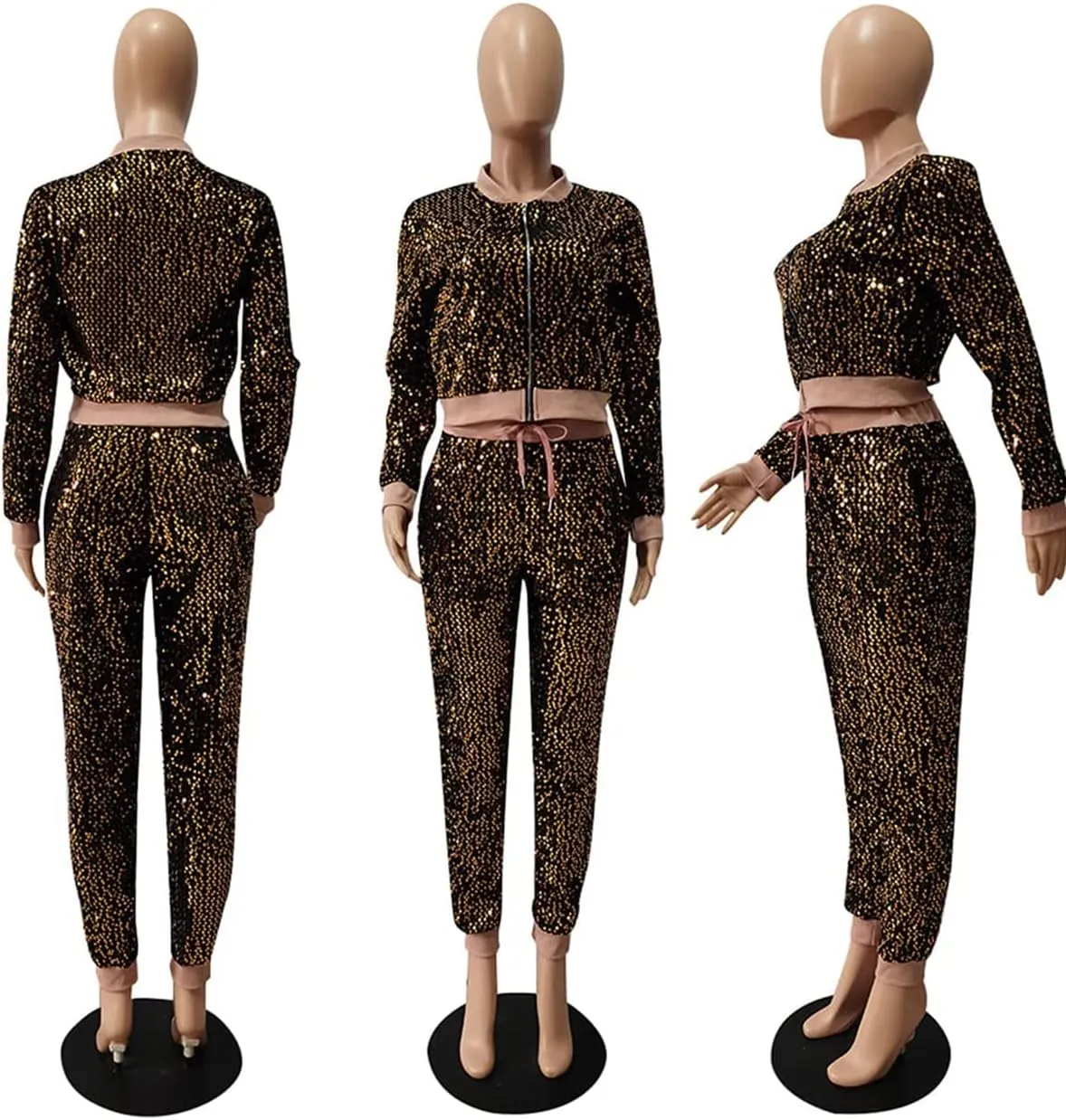 Alunzoem Jogging Suits for Women 2 Piece Outfits Velvet Sequin Long Sleeve Zipper Jacket Jogger Pants Tracksuit Set
