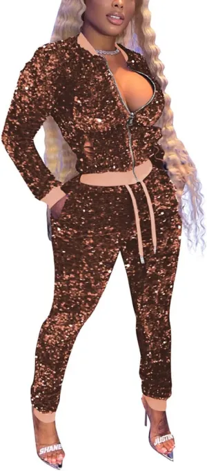 Alunzoem Jogging Suits for Women 2 Piece Outfits Velvet Sequin Long Sleeve Zipper Jacket Jogger Pants Tracksuit Set