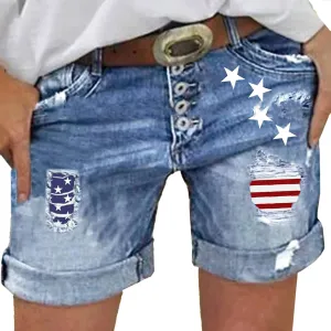 American Flag Print Ripped Denim Shorts for Women
