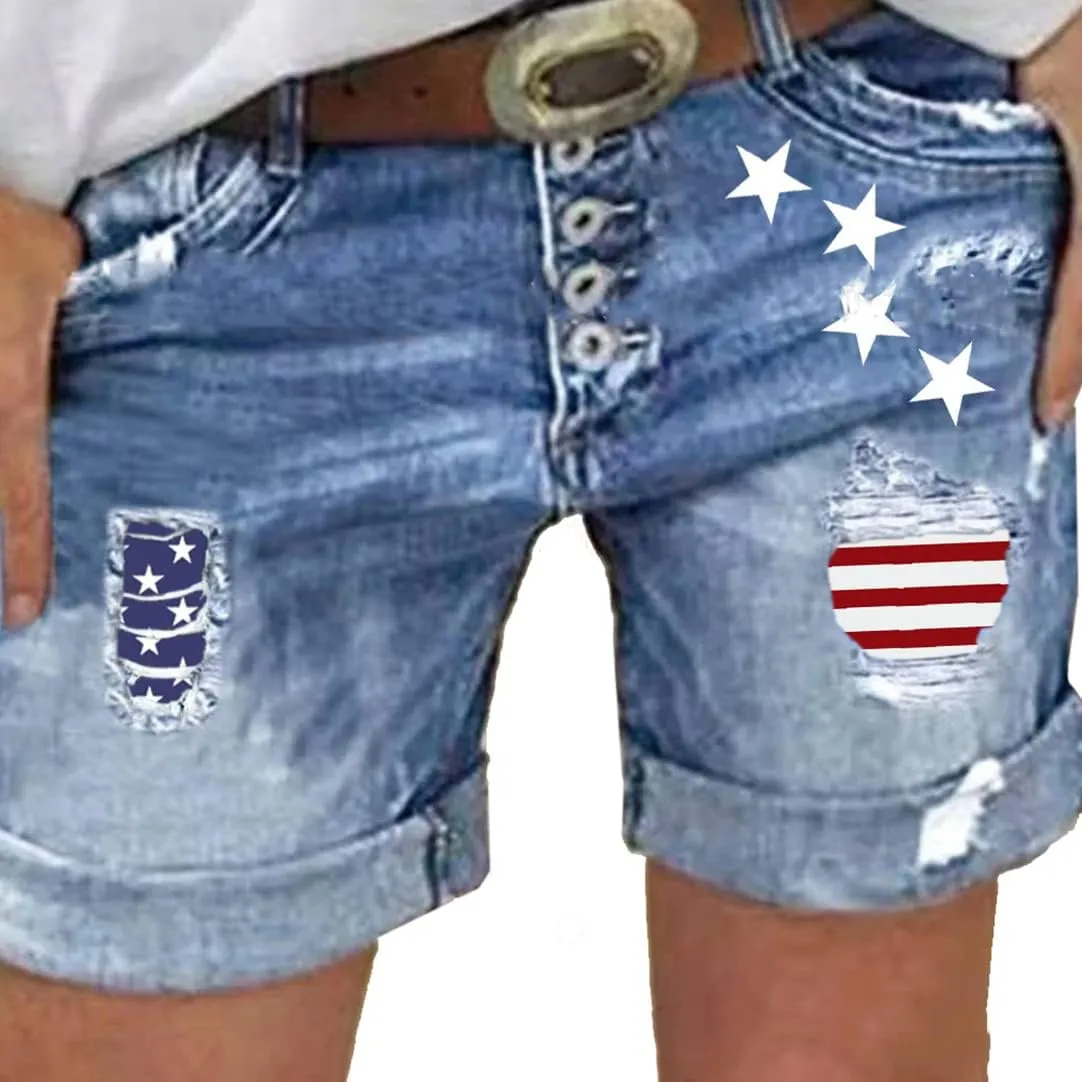 American Flag Print Ripped Denim Shorts for Women