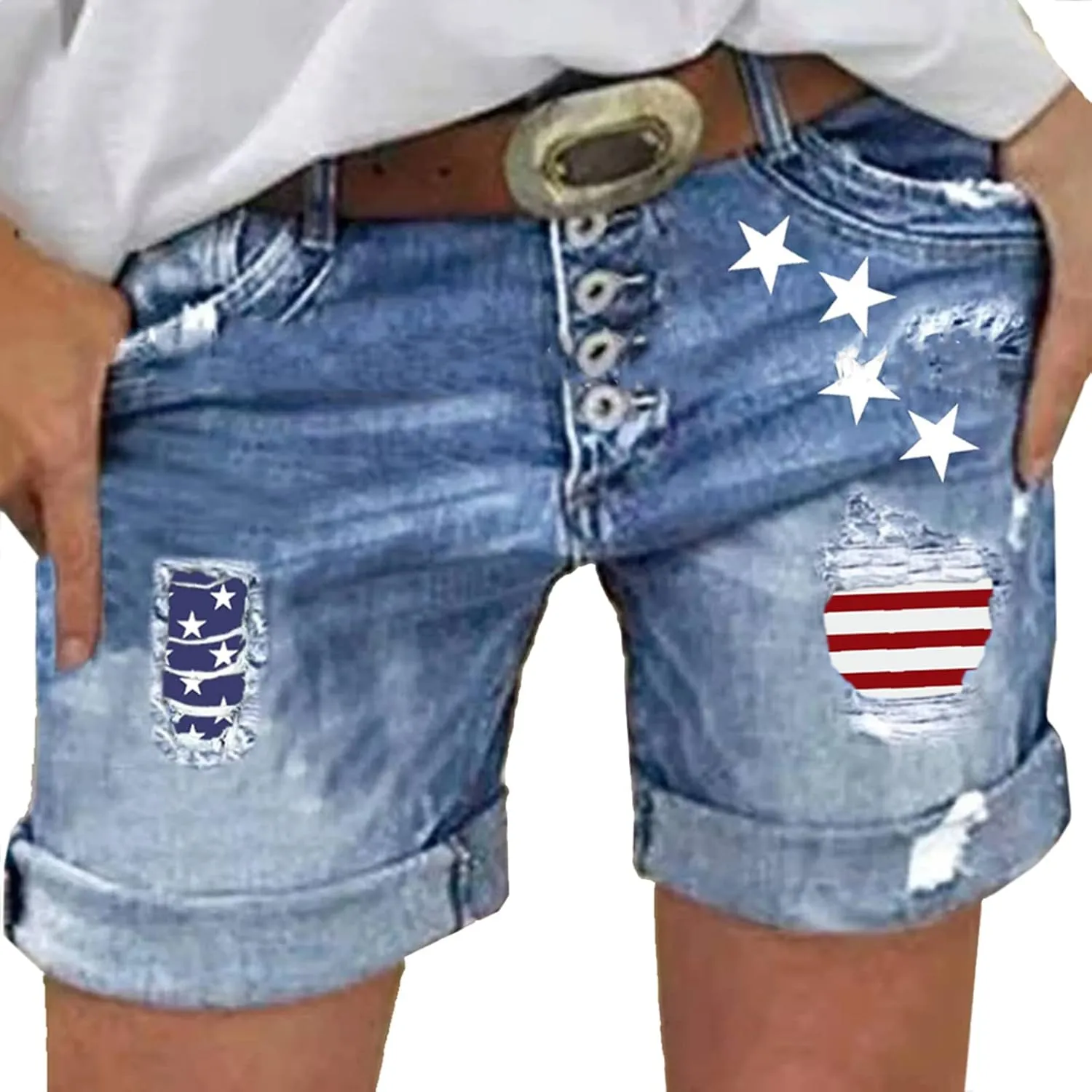 American Flag Print Ripped Denim Shorts for Women