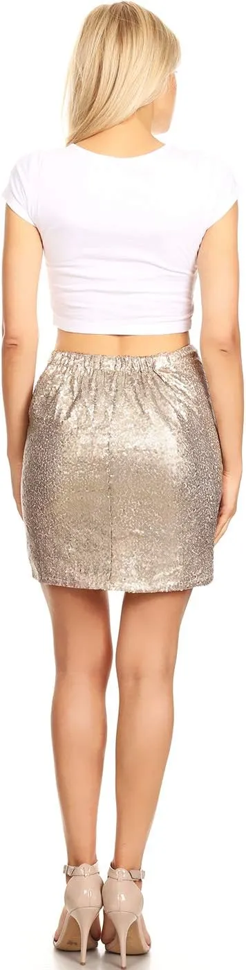 Anna-Kaci Womens Short Ruched Tulip Hem Body Con Sequin Club Pencil Mini Skirt
