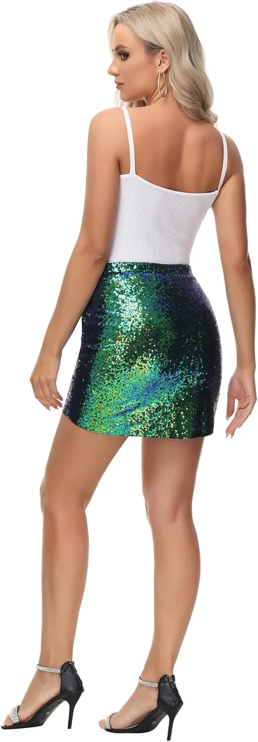 Anna-Kaci Womens Short Ruched Tulip Hem Body Con Sequin Club Pencil Mini Skirt