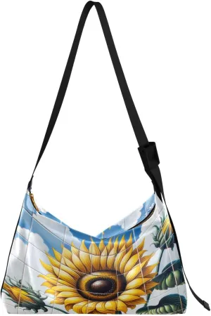 Art Artistic Sunflower Hobo Crossbody Bags for Women Leather Large Shoulder Bag Cross Body Tile Trendy Womens Tote Bags Handbag for Travel Shopping