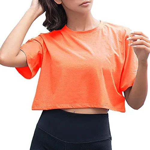 Artfish Women Short Sleeve Crewneck Comfy Loose Crop Top Teen T-Shirt Workout