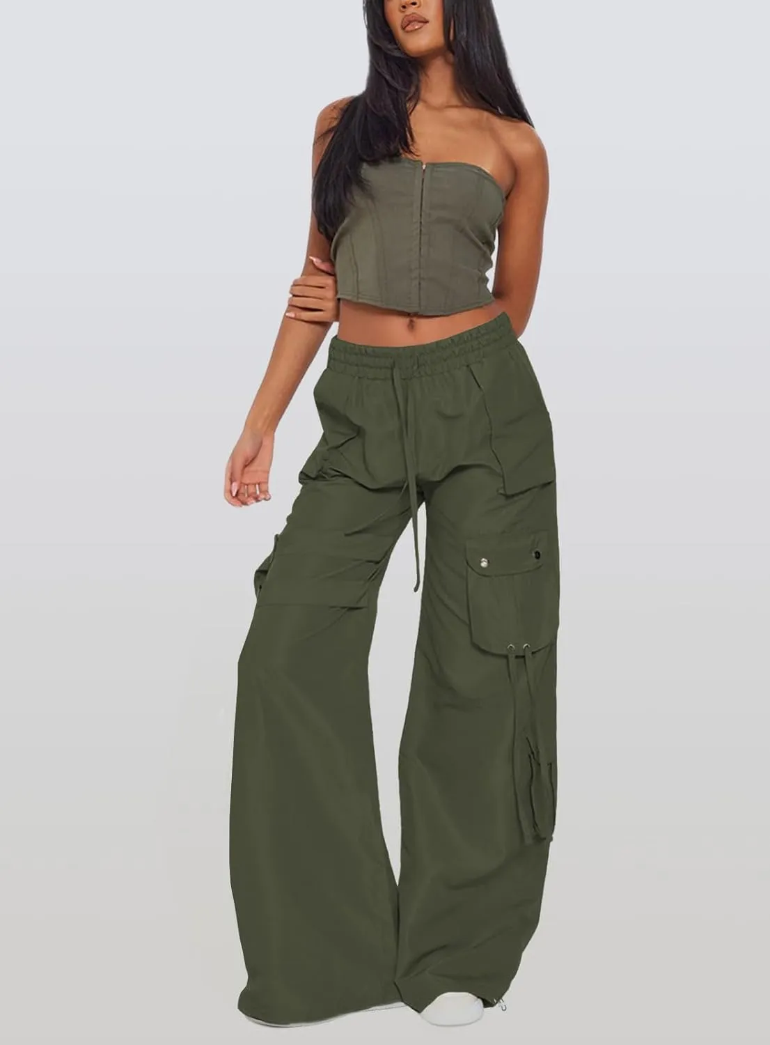 ARTFREE Cargo Pants Women Trendy High Waisted Parachute Pants Straight Y2K Drawstring Casual Pants with Pockets