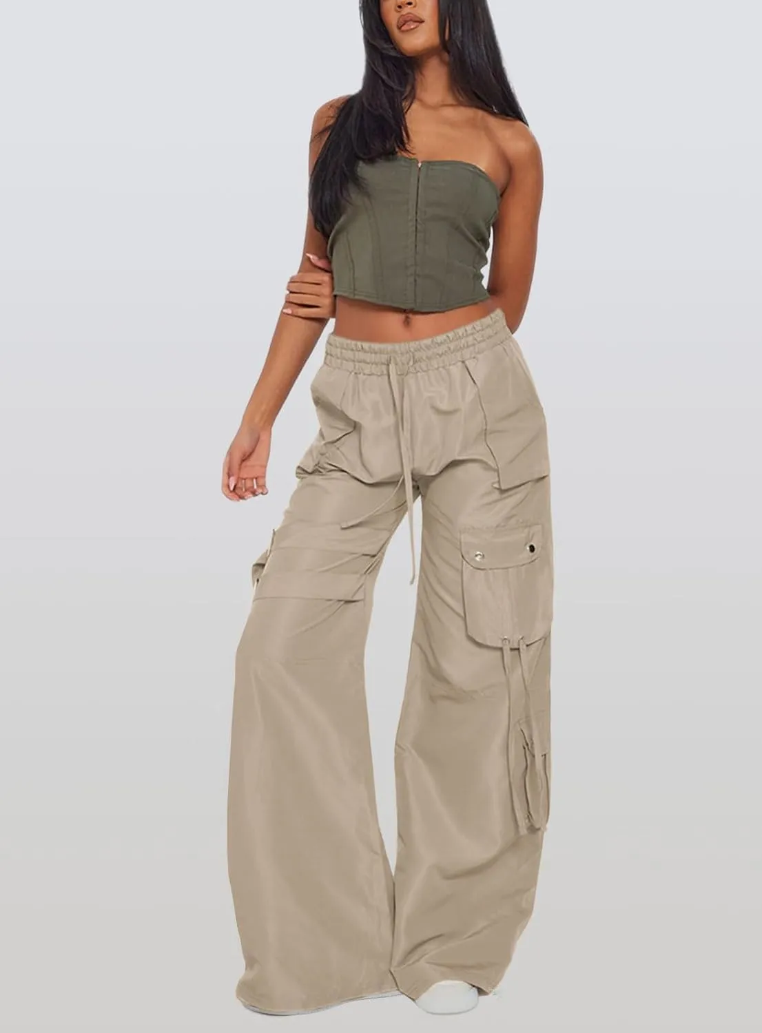 ARTFREE Cargo Pants Women Trendy High Waisted Parachute Pants Straight Y2K Drawstring Casual Pants with Pockets