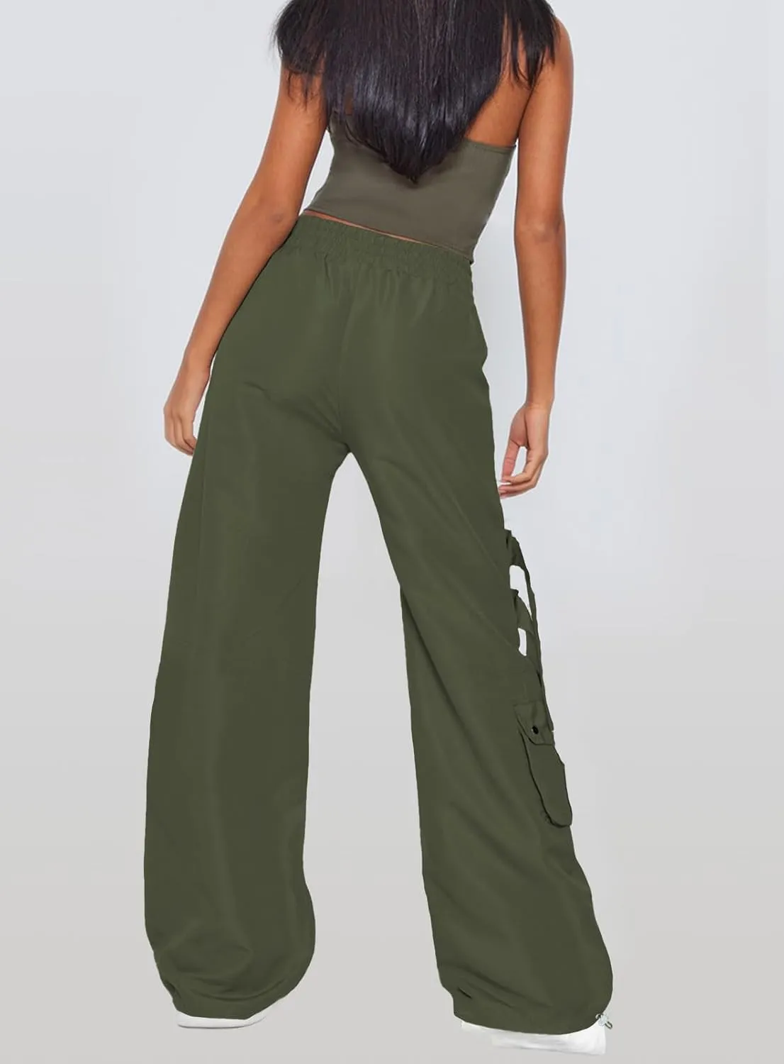 ARTFREE Cargo Pants Women Trendy High Waisted Parachute Pants Straight Y2K Drawstring Casual Pants with Pockets