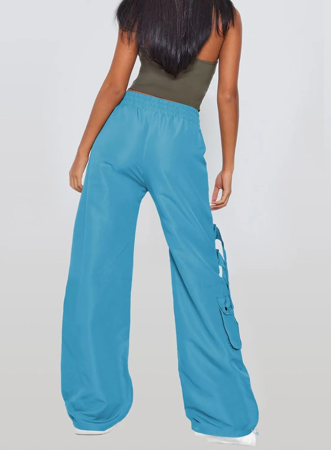 ARTFREE Cargo Pants Women Trendy High Waisted Parachute Pants Straight Y2K Drawstring Casual Pants with Pockets