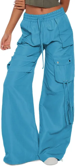 ARTFREE Cargo Pants Women Trendy High Waisted Parachute Pants Straight Y2K Drawstring Casual Pants with Pockets