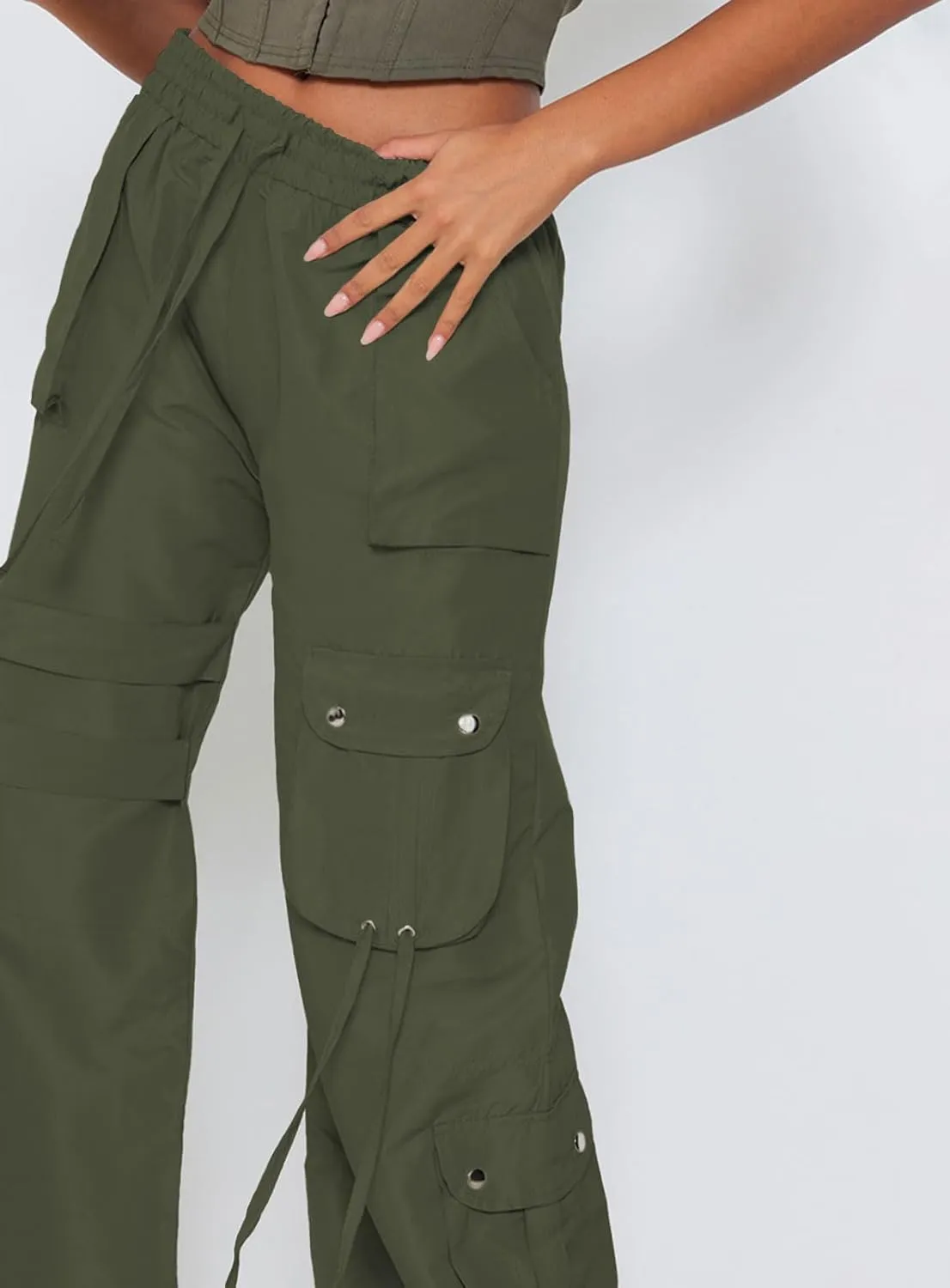 ARTFREE Cargo Pants Women Trendy High Waisted Parachute Pants Straight Y2K Drawstring Casual Pants with Pockets