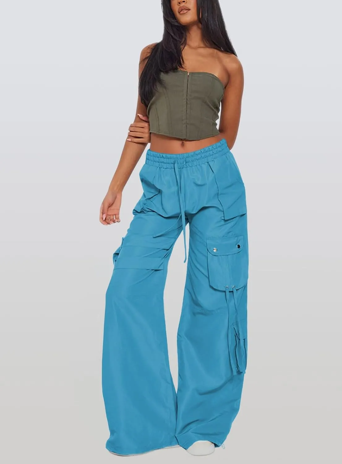 ARTFREE Cargo Pants Women Trendy High Waisted Parachute Pants Straight Y2K Drawstring Casual Pants with Pockets