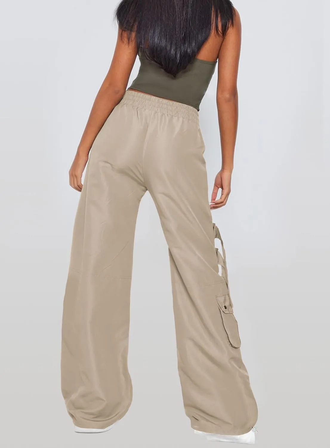 ARTFREE Cargo Pants Women Trendy High Waisted Parachute Pants Straight Y2K Drawstring Casual Pants with Pockets