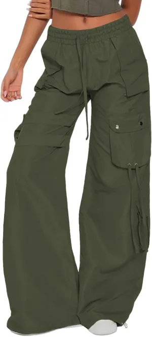 ARTFREE Cargo Pants Women Trendy High Waisted Parachute Pants Straight Y2K Drawstring Casual Pants with Pockets