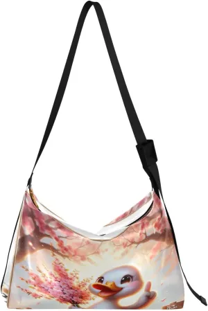 Artistic Cute Duck Hobo Crossbody Bags for Women Leather Large Shoulder Bag Cross Body Spring Flowers Trendy Womens Tote Bags Handbag for Travel Shopping