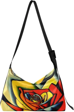 Artistic Rose Valentines Day Hobo Crossbody Bags for Women Leather Large Shoulder Bag Cross Body Cubism Trendy Womens Tote Bags Handbag for Travel Shopping