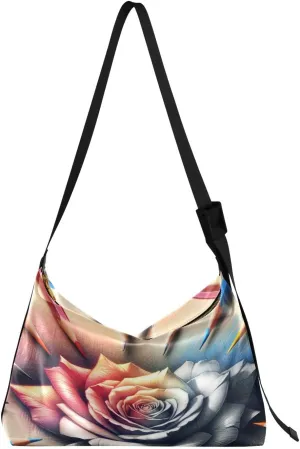 Artistic Valentines Day Rose Hobo Crossbody Bags for Women Leather Large Shoulder Bag Cross Body Pencil Sketch Trendy Womens Tote Bags Handbag for Travel Shopping