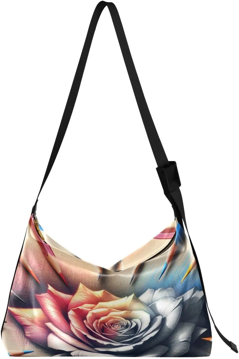Artistic Valentines Day Rose Hobo Crossbody Bags for Women Leather Large Shoulder Bag Cross Body Pencil Sketch Trendy Womens Tote Bags Handbag for Travel Shopping